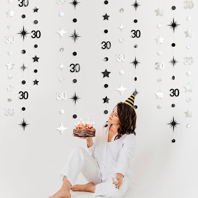 Silver Black 30th Birthday Decorations Number 30 Circle Dot Twinkle Star Garland Metallic Streamer Bunting Banner Backdrop for Mens Womens Happy Dirty 30 Year Old Thirty Anniversary Party Supplies