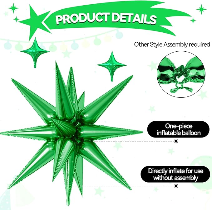 18 Pcs Green Gold Star Balloons, Gold and Green Balloon with 6 Pcs 22-Inch Explosion Star Balloons 12Pcs 10-Inch Four Pointed Stars Foil Balloon for Anniversary Disco Birthday Party Decorations