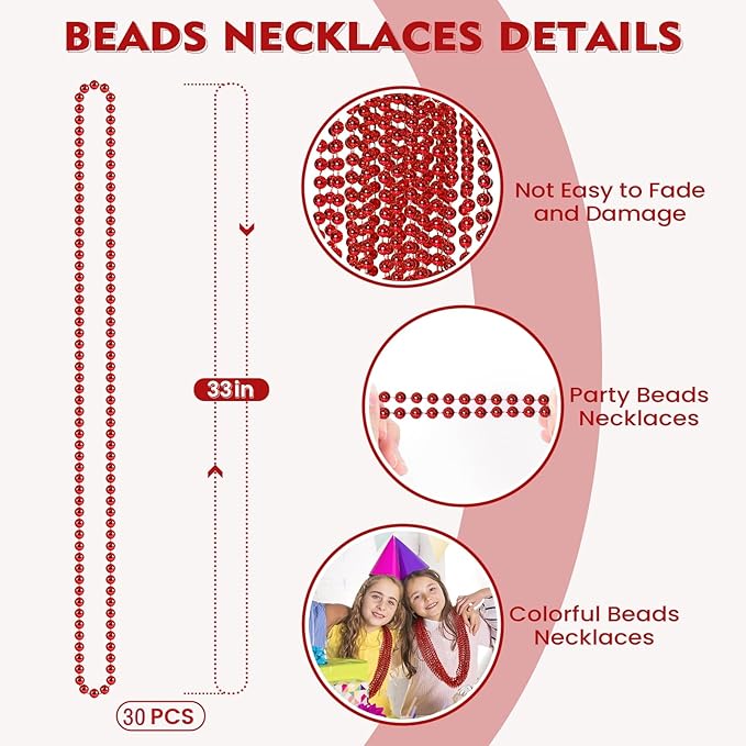 SHAOQINLIN 30 PCS Red Mardi Gras Beads, Red Christmas Beads, 33" Valentines Necklace Metallic Beaded Costume Necklaces Party Necklaces for Parade Throws Wedding Birthday Party Favorss