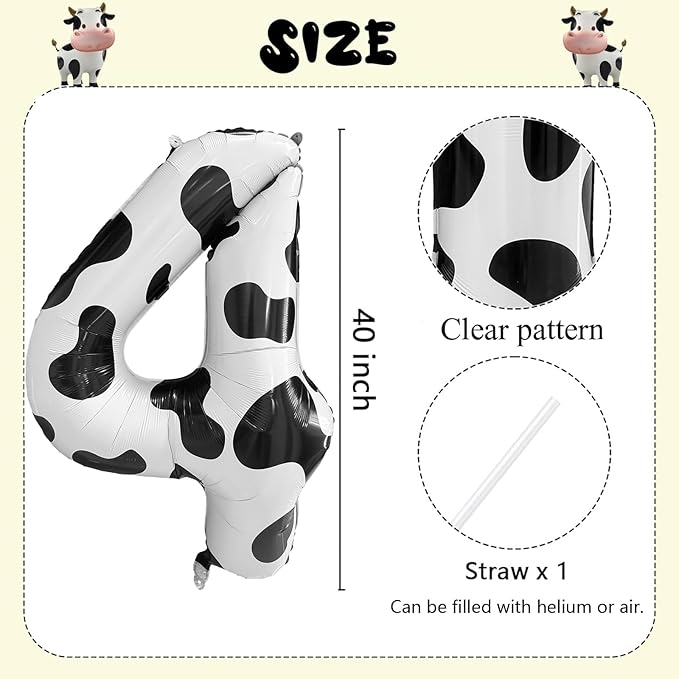 Cow Print Number Balloons, Large Foil Number 4 Balloon 40 Inch Cow Balloon for Boys Girls Birthday Decoration Cow Themed Birthday Party Decorations Farm Animal Party Supplies
