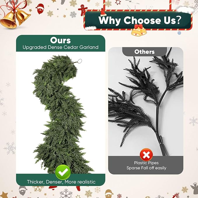 6FT Thick Christmas Garlands with 168 Cedar Branches, Real Touch Green Cedar Garland for Christmas Decorations, Artificial Greenery Garland for Table, Mantle, Wall, Indoor, Outdoor Holiday Decor