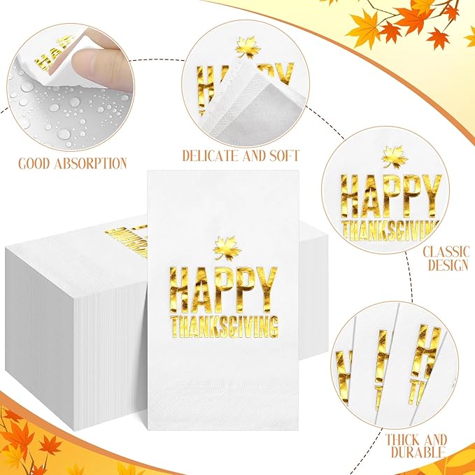 100pcs Thanksgiving Cocktail Napkins,Disposable Napkins with Happy Thanksgiving Gold Foiled,Fall Dinner Guest Paper Hand Towels for Autumn Harvest Thanks Theme Party Decorations,7.9 * 4.3inch