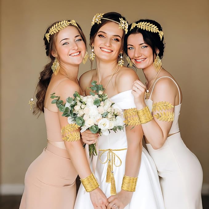 Greek Goddess Costume Accessories Set for Women, Golden Laurel Leaf Crown, Headpiece, Earrings, Roman Toga Waist Belt