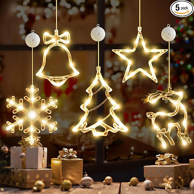 5Pack Christmas Window Lights Decorations with Timer,Battery Powered Christmas Hanging Warm White Lighted Snowflake Tree Star Deer Bells Shaped LED Sucker for Xmas Fireplace Indoor Decor