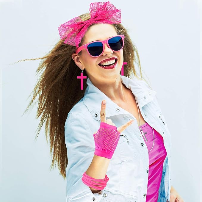 Blulu 80s Accessories for Women Dress Costume Lace Headband Earrings Fishnet Gloves Necklace Bracelet