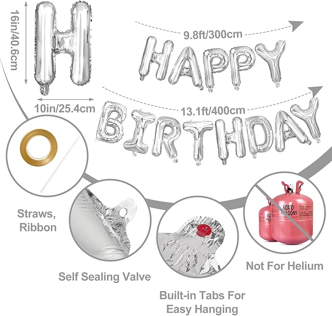 LIOZEOKUN Happy Birthday Balloon Letters 16 inch Mylar Foil Birthday Balloons Banner Sign for Birthday Party Decorations Supplies (Silver)