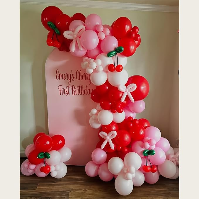 Cherry Balloons Arch Red and Pink Balloons Garland for Girls Birthday Berry Sweet Decorations Summer Fruit Party Coquette Bow Light Pink Red White Clear Latex Balloon Bachelorette Baby Bridal Shower