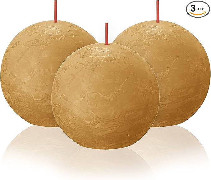 BOLSIUS 3 Pack Yellow Rustic Ball Pillar Candles - 3 Inch - Premium European Quality - Includes Natural Plant-Based Wax - Unscented Dripless Smokeless 25 Hour Party Décor and Wedding Candles