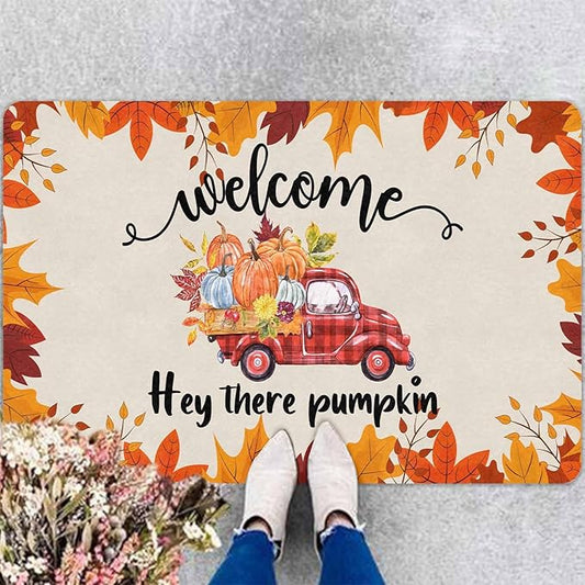 InterestPrint Happy-Thanksgiving Door Mat, Vintage Fall Truck Decor for Covered Outdoor Area Pumpkin Welcome Mat for Autumn Halloween Thanksgiving Farmhouse Decor, 30"x18"inch