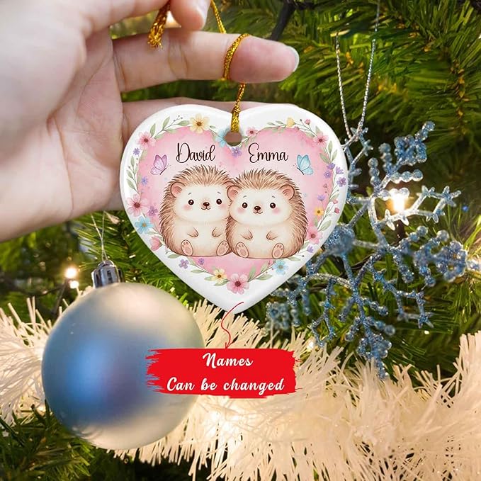 Just Married Engaged Ceramic Ornament Christmas, Personalized Hedgehog Couple with Flower Ornament Xmas, Hedgehogs Keepsake Gift for Newly Couple, Custom Names Hedgehog 1St Xmas Together Ornaments