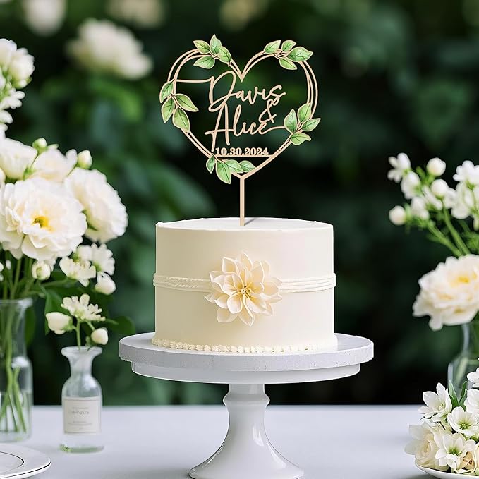 Heart Wedding Cake Topper Personalized Names and Date Green Leaves Engagement Cake Topper Keepsake Wedding Gift