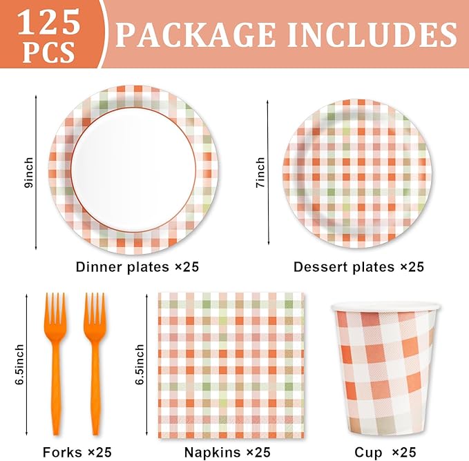 Orange Gingham Plates and Napkins Party Supplies,Orange and White Disposable Tableware Set,Checkeorange Plaid Paper Plates for Birthday Family Dinner Picnic Barbecue Baby Shower Decor Serves 25