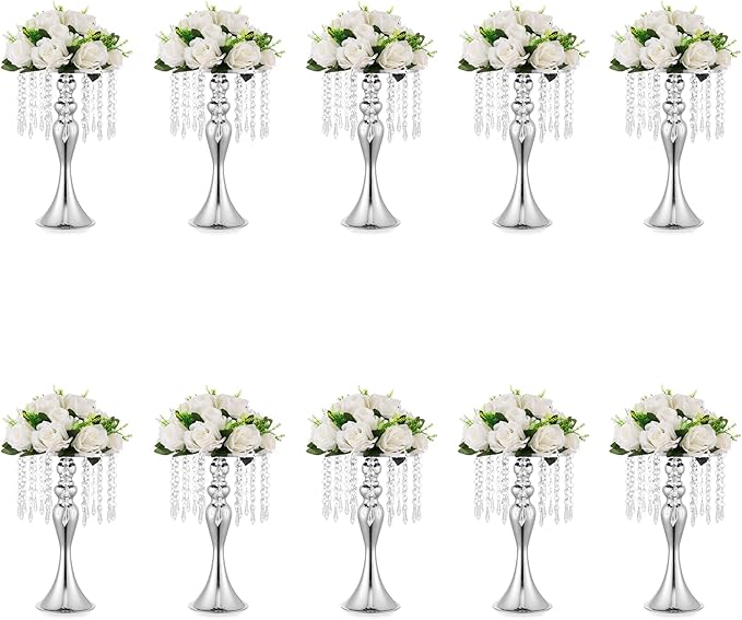 10 Pcs Silver Vases for Centerpieces, 13.8in Crystal Flower Arrangement Stand, Wedding Centerpieces for Tables, Tall Metal Flower Vase Holders for Wedding, Event, Reception, Birthday, Home Decor