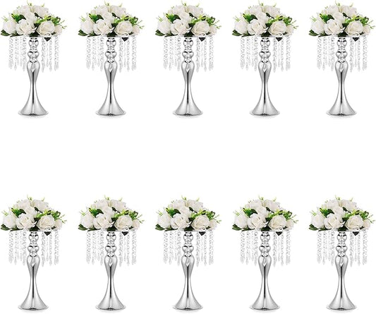 10 Pcs Silver Vases for Centerpieces, 13.8in Crystal Flower Arrangement Stand, Wedding Centerpieces for Tables, Tall Metal Flower Vase Holders for Wedding, Event, Reception, Birthday, Home Decor