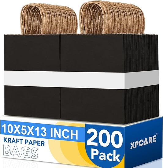 XPCARE Black Paper Bags, 200 Packs 10x5x13 Inch Gift Bags with Handles Bulk Paper Bags with Handles Retail Kraft Paper Bag Black Gift Bag for Wedding Party Shopping