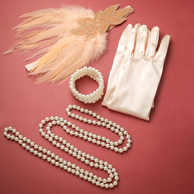 Maitys 1920s Accessories Set for Women Flapper Costume Feather Headband Necklace Bracelet Earrings