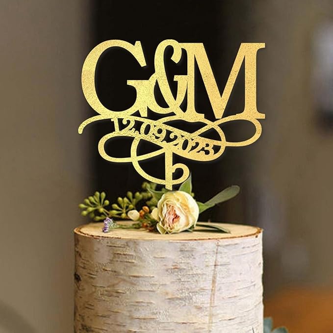 Personalised Gold Initials Wedding Cake Topper, Custom Two Initial and Date Cake Topper, Monogram Cake Topper, Made in USA, 2 Letters Engagement Cake Topper, Rustic Anniversary Party Decoration