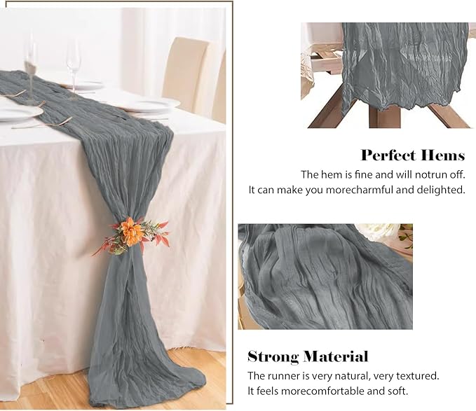 2 Pack 10 Ft Cheesecloth Table Runner Grey Gauze Long Table Runners Boho Gauze Cheese Cloth Table Runner Rustic Sheer Runner for Wedding Party Table Decor ( 35 x 120 Inch )
