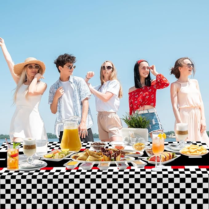 WNINK 6 PCS Racing Car Theme Tablecloths Car Disposable Plastic Tablecloths Black Checkered Flag Table Covers Racetrack Rectangular Tablecloth for Race Car Birthday Party Decorations, 54 x 108 Inch