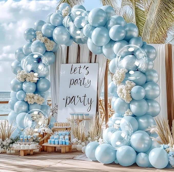 Pearl Blue Balloon Arch Double Stuffed Pastel Light Baby Blue Metallic Balloon Garland Kit Different Sizes 12/10/5in With Clear Bobo Balloons for Birthday Wedding Bridal Baby Shower Summer Party Decor