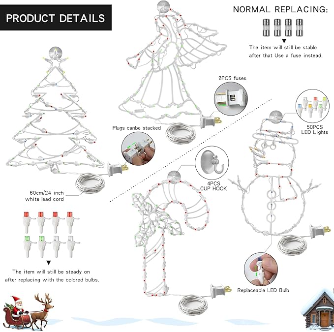 4 Pack Christmas Window Silhouette LED Lights Decorations, Angel, Xmas Trees, Candy Cane, Snow Man Christmas Window Light Decorations with 50 Bulbs for Holiday Wall Door Glass Decorations