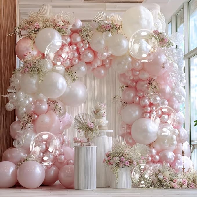 Pearl Pink Balloon Arch Double Stuffed Pastel Light Baby Pink Balloon Garland Different Sizes 12/10/5in With Clear Bobo Balloons for Birthday Wedding Bridal Baby Shower Engagement Party Decor