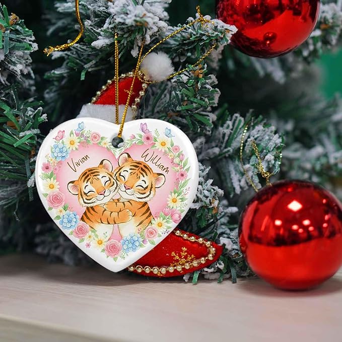 Mr & Mrs Tiger Ceramic Xmas Ornament, Custom Names Couples Tiger Engaged Christmas Ornament, Personalized Couples Animals Floral with Butterfly Ornaments, Keepsake Gift for Wedding Anniversary