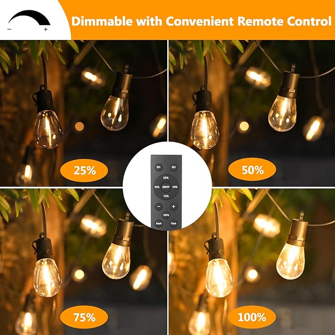 LED Outdoor String Lights, 50FT Waterproof Patio Light with Remote & 16 Dimmable Shatterproof S14 Edison Bulbs(1 Spare), Connectable Outside Backyard Hanging Lights for Balcony, Gazebo, Porch, Party