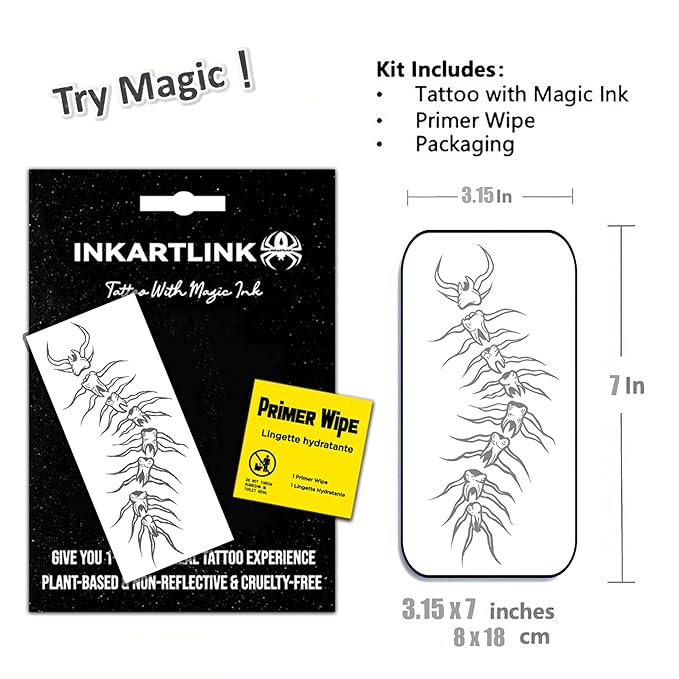 INKARTLINK Semi-Permanent Tattoos, Creative Halloween Party Dark Tattoo, Exquisite and Realistic Design, Interesting Tattoo Experience, Cruelty-free, Non-reflective, Waterproof (Skull Centipede)