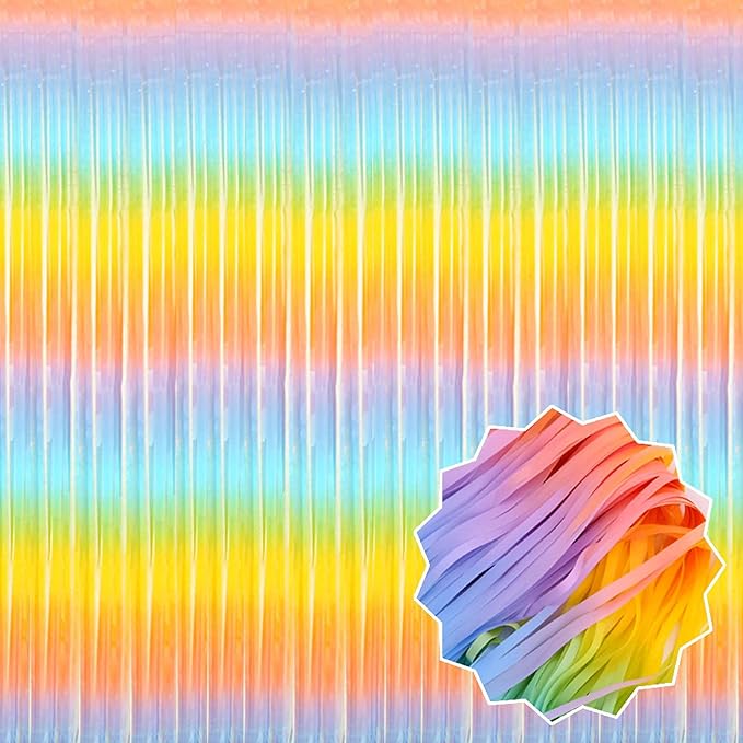 3 Pack Light Rainbow Foil Fringe Curtains Backdrop, 3.28 x 8.2 Ft Metallic Streamers Tinsel Curtains Background for Photo Booth, Birthday, Halloween, Christmas, New Year Party Decorations
