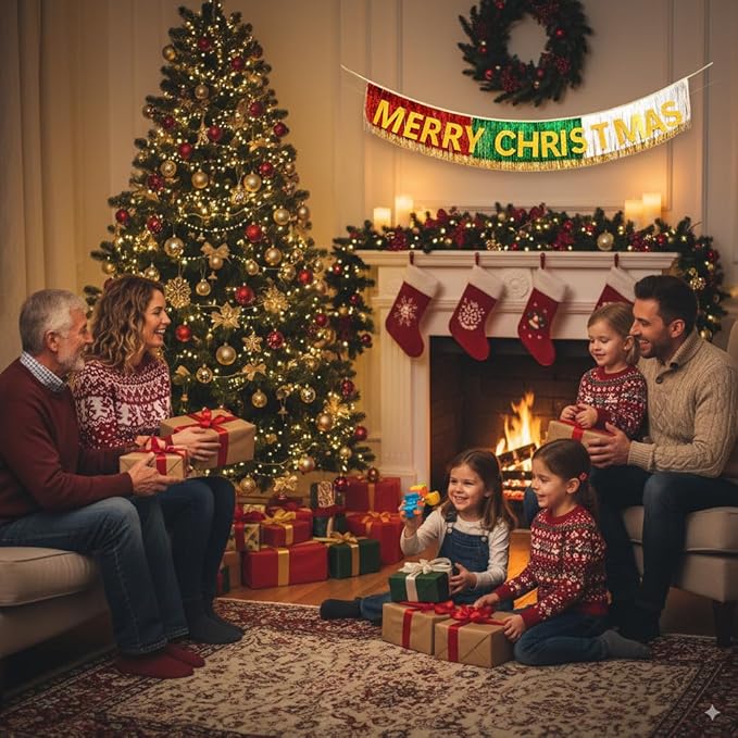 HOUSE OF PARTY Christmas Banner | Merry Christmas Sign with Tinsel Garland Wall Hanging Curtain Backdrop Pre-Strung 6 Feet | Xmas Mantel Decorations Indoor Hanging