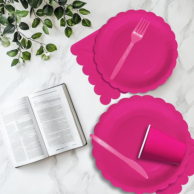 Hot Pink Party Decorations Supplies Tableware, Hot Pink Paper Plates And Napkins, Tablecloth Printed Table Runner, Cutlery, for Birthday Baby Bridal Shower Wedding Anniversary, Serves 24