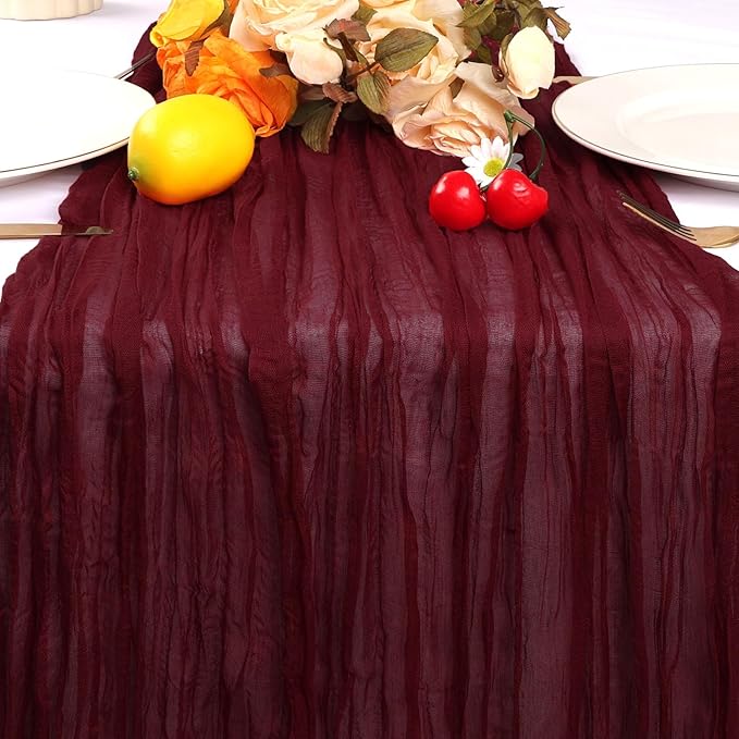 6 Pack Burgundy Cheesecloth Table Runner 10FT Boho Gauze Cheese Cloth Fabric 35 x 120 Inch Rustic Sheer for Christmas Fall Thanksgiving Centerpiece Wedding Decor Baby Shower Party Decoration