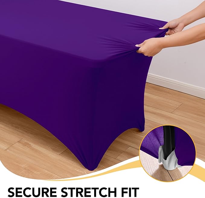 6-Pack Premium Purple Spandex Tablecloths for 4ft Rectangle Tables, Stain & Wrinkle-Resistant, Washable Stretch Polyester Fitted Table Cover for Weddings, Banquets, Trade Shows Events
