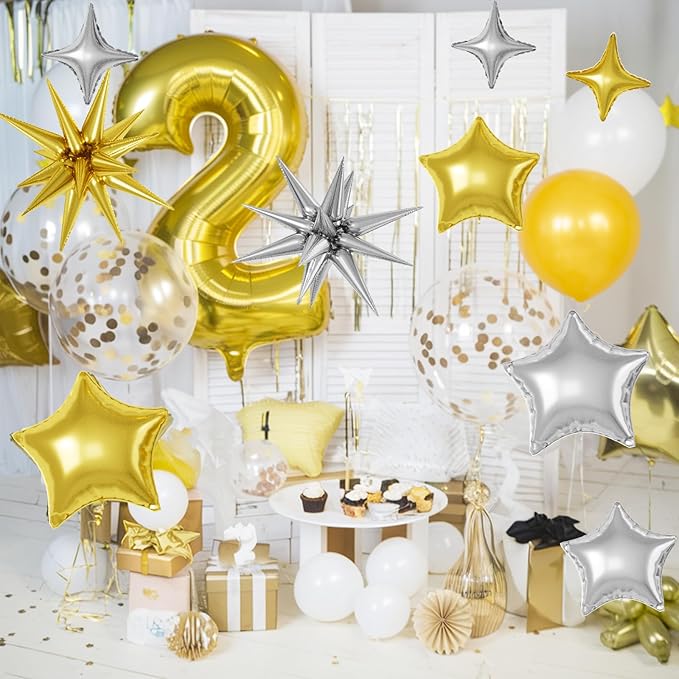 16 Pcs Gold Silver Star Balloons, 22/18/10 Inch Foil Balloons, Four-Pointed Balloon for Kids Men Birthday Graduation Wedding Bridal Baby Shower Party Decorations