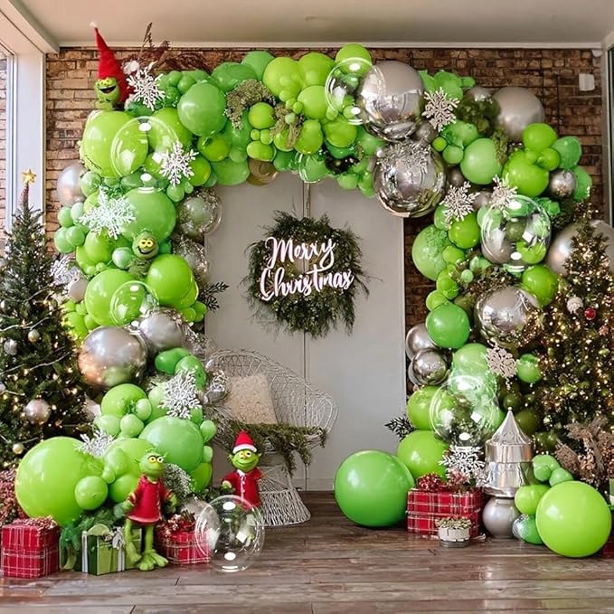 Green Silver Balloon Arch Double Stuffed Lime Green Metallic Sliver Balloon Garland Clear Bobo Balloons for Christmas Birthday Baby Shower Safari Jungle Graduation Party Decorations