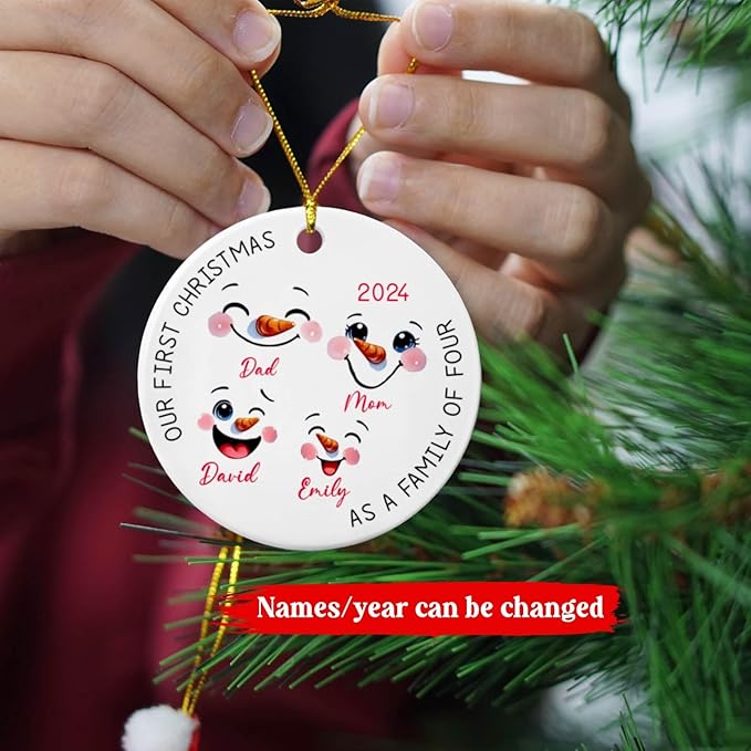Personalized Our First Christmas As A Family of Four 2025 Ornament - Family of 4 Snowman Face Xmas Keepsake - Custom Names Snowman Family Christmas Tree Gift for Dad Mom Kids