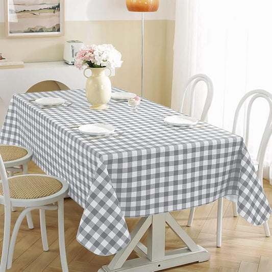 Buffalo Plaid Vinyl Tablecloth with Flannel Backing Rectangle 60 x 84 Inch, Stain & Scratch Resistant Checkered Table Cloth, Plastic Table Cover for Dining, Party, Indoor, Outdoor, Gray and White