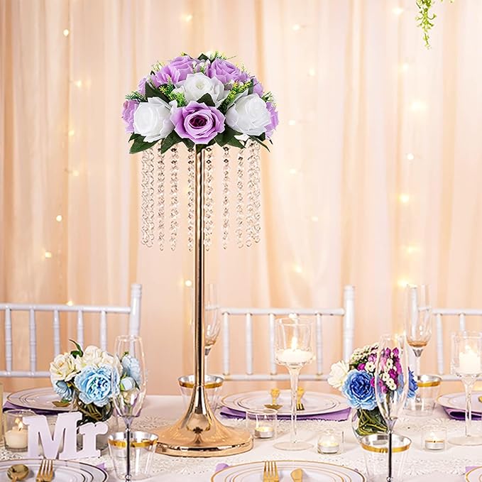 BLOSMON Lilac Flowers Balls for Centerpieces: 10 Pcs Purple White Fake Roses Flower for Wedding Table - Artificial Silk Kissing Bouquet Floral Arrangement Center for Home Party Event Decor