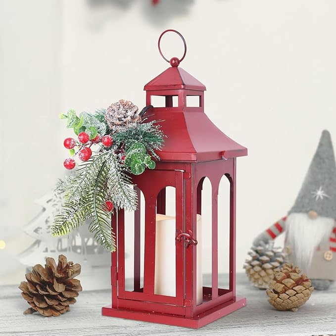 DECORKEY Christmas Decorations for Home, Decorative Christmas Lantern Indoor Outdoor Decor, Metal Hanging Candle Holder with Xmas Teardrop Wreath and LED Candle for Table Centerpieces, Patio (Red)