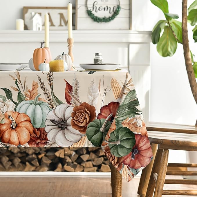 Horaldaily Fall Tablecloth 60×120 Inch Rectangular, Flower Autumn Harvest Pumpkin Washable Seasonal Table Cover for Party Picnic Dinner Decor
