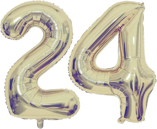Champagne Gold 24 Number Balloons, 40 Inch Giant Number 24 Balloons Foil Mylar Helium Light Gold Number Balloons for 24th Birthday Party Supplies Anniversary Event Celebration Decorations