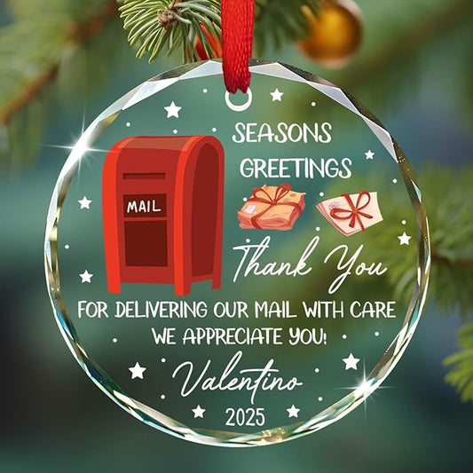 Personalized Thank You Mail Carrier Ornament Xmas 2025, Seasons Greetings Christmas Glass Ornament Gifts for Mailman Postal Worker & Driver, Custom Name & Year Mail Carrier Ornaments Xmas Tree Decor