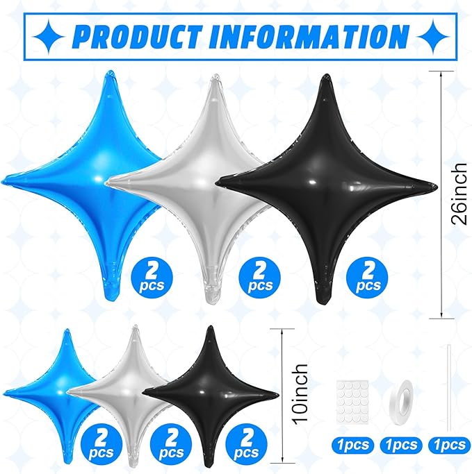 Black Blue Silver Star Balloons,12Pcs Four Angle Star Foil Balloons,26Inch and 10Inch Black Silver Blue Quadrangle Helium Balloon for Birthday Anniversary Party Decorations