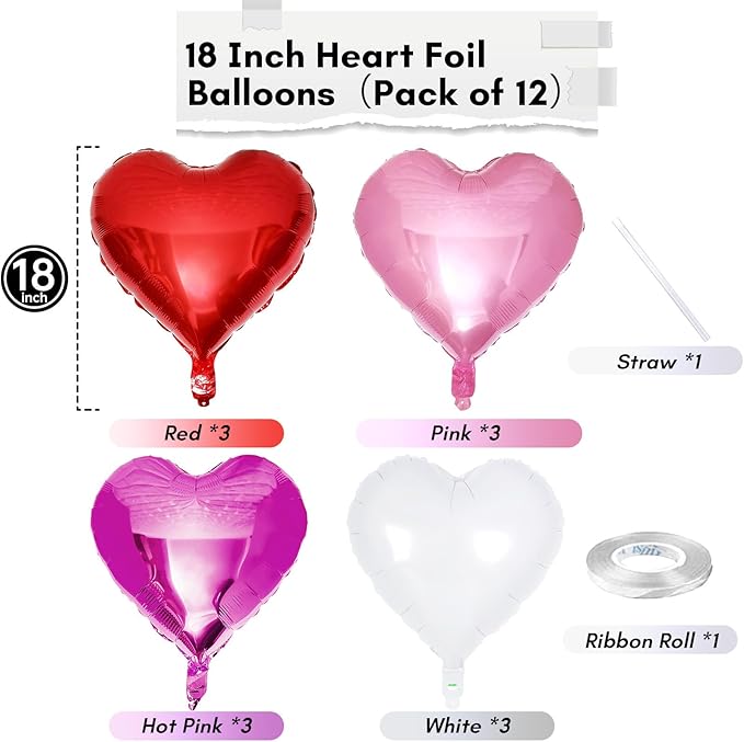 TAOYE Red Pink Heart Balloons, 18 Inch 12 Pcs Red Hot Pink Mylar Heart Shape Balloons Red White Foil Heart Balloons Red Pink and White Party Balloons for Birthday Wedding Bridal Valentine Anniversary