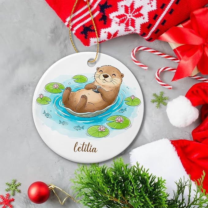 Personalized Funny Otter Xmas Tree Ornament, Otters Animal Ornaments, Animal Enthusiast Gift for Christmas Holiday, Customized Otter Ceramic Ornament with Name, Otters Lovers Keepsake Decoration