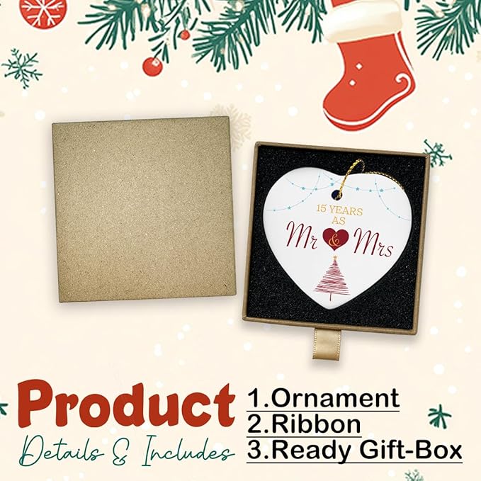 15 Years as Mr Mrs Wedding Christmas Ornament 15th for Him Her Husband Wife Couple Christmas Married Heart Ceramic Xmas Tree Ornament Decorations