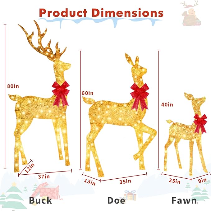 3-Piece Reindeer Outdoor Christmas Decoration, 6.7FT Large Lighted Christmas Deer Family Set, Outdoor Reindeer Xmas Decorations Yard with 400 LED Lights, Stakes, Zip Ties - Gradient Gold