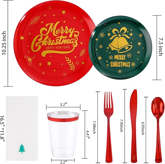 WDF 175pcs Christmas Plates Plastic Disposable - 25Green Plates 25Red Plates with Gold Bells, 75Red Plastic Silverware, 25Clear Cups Red Rim and 25Christmas Tree Napkins for Parties