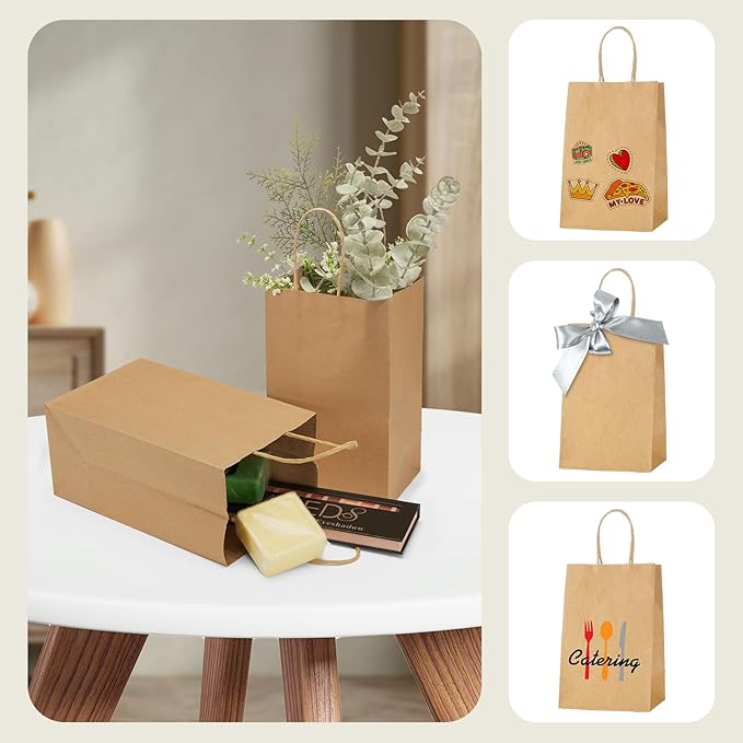 MESHA Kraft Paper Bags 5.25X3.75X8 Brown Small Gift Bags with Handles Bulk,1000 Pcs for Small Business,Birthday Wedding Party Favor,Paper Shopping